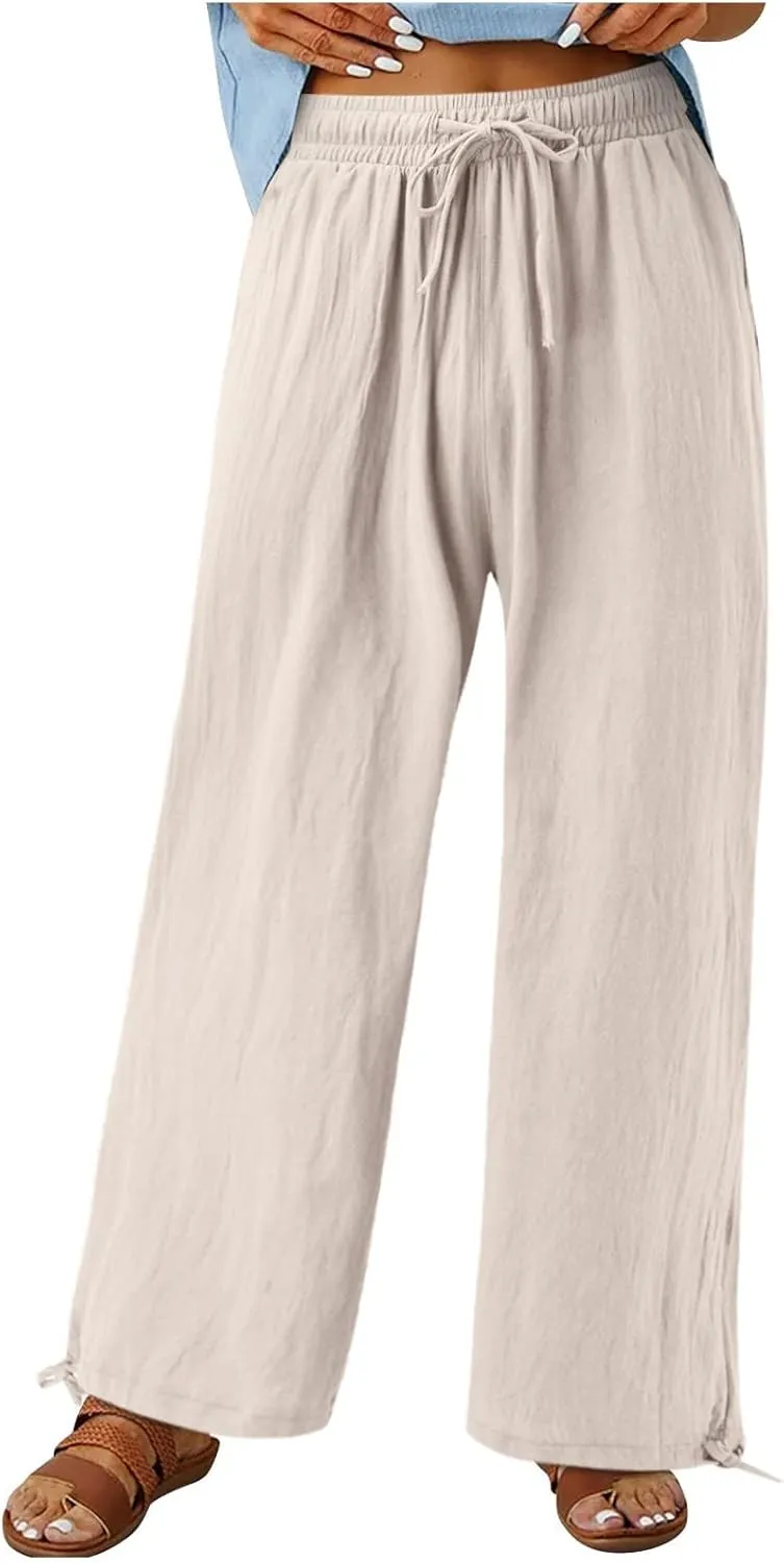 Linen Pants Women Plus Size Boho Comfy Flowy Wide Leg Trouser Summer High Waist Beach Palazzo Sweatpant with Pocket
