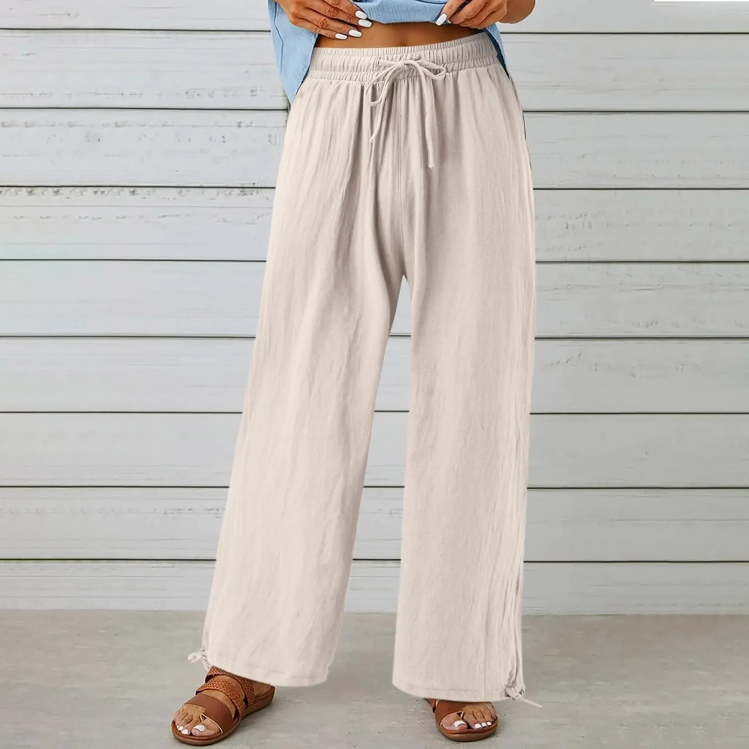 Linen Pants Women Plus Size Boho Comfy Flowy Wide Leg Trouser Summer High Waist Beach Palazzo Sweatpant with Pocket