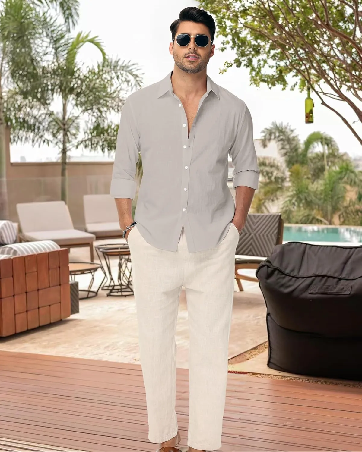 Linen Shirts for Men Casual Button Down Long Sleeve Shirt Solid Summer Beach Hawaiian Shirts