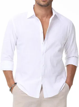 Linen Shirts for Men Casual Button Down Long Sleeve Shirt Solid Summer Beach Hawaiian Shirts