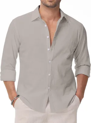 Linen Shirts for Men Casual Button Down Long Sleeve Shirt Solid Summer Beach Hawaiian Shirts