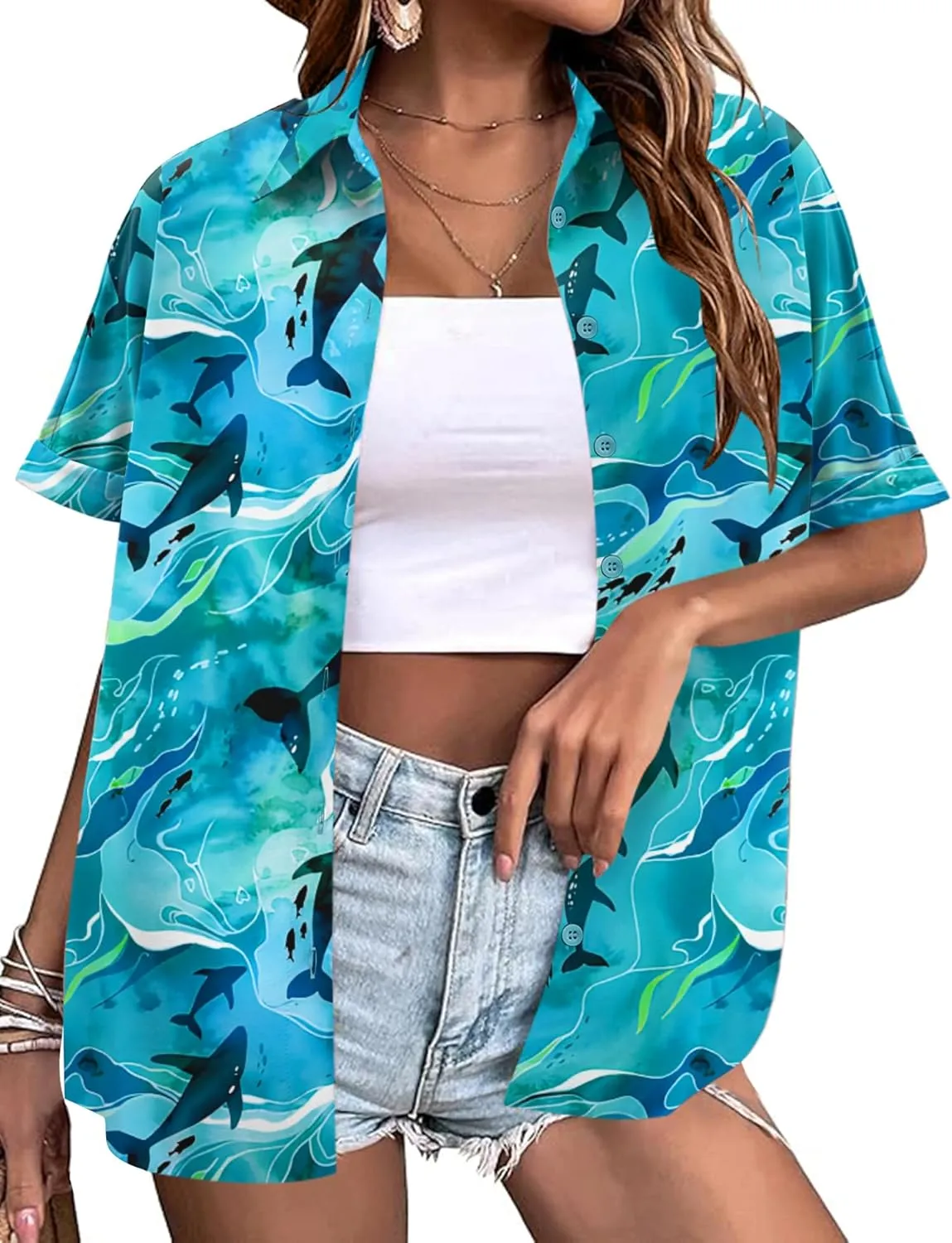 LOMON Women's Summer Hawaiian Shirts Floral Short Sleeve Button Down Shirts Hawaii Tropical Beach Tops Outfits