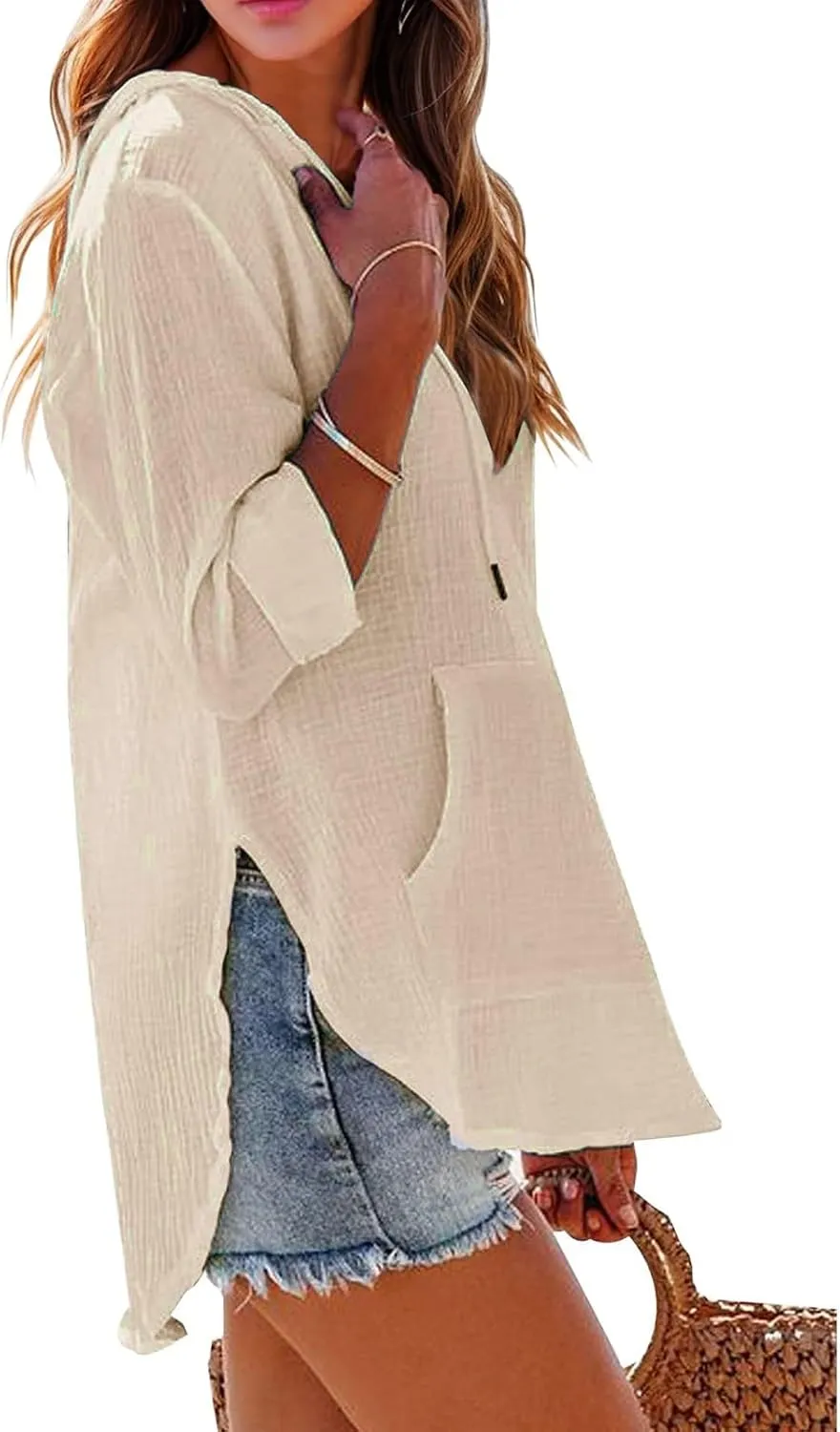 Long Sleeve Shirts for Women Casual V Neck Linen T Shirts Lightweight Pullover Tops Hoodie Sweatshirts Beach Cover Up