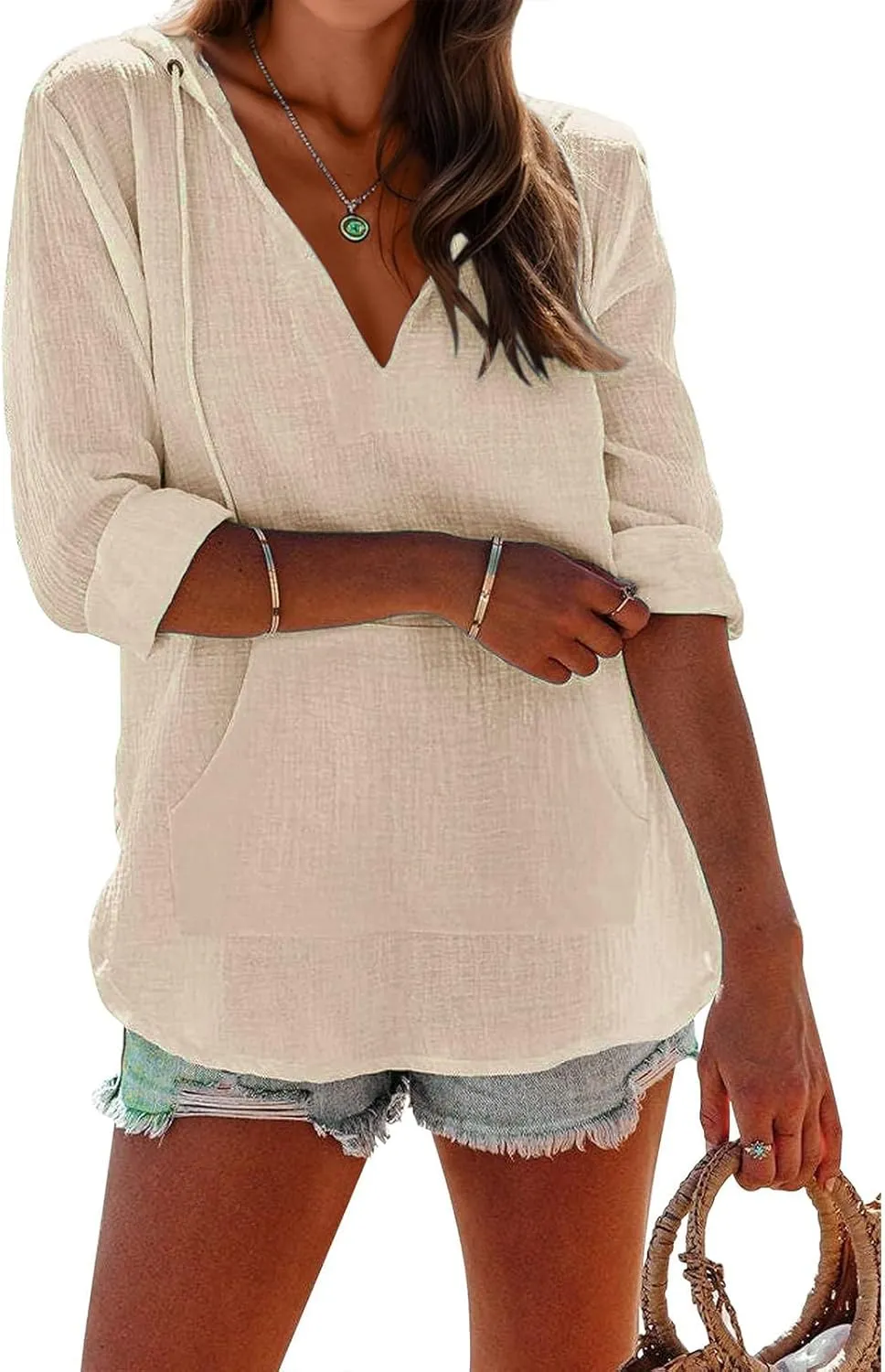 Long Sleeve Shirts for Women Casual V Neck Linen T Shirts Lightweight Pullover Tops Hoodie Sweatshirts Beach Cover Up