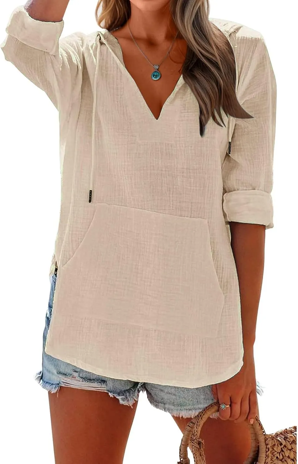 Long Sleeve Shirts for Women Casual V Neck Linen T Shirts Lightweight Pullover Tops Hoodie Sweatshirts Beach Cover Up