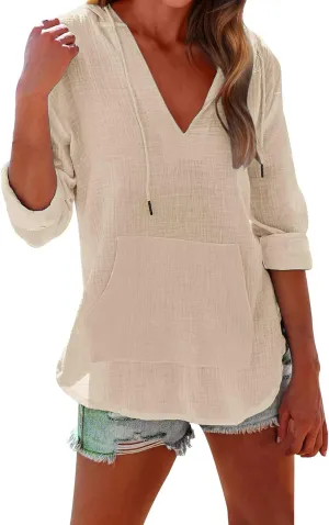 Long Sleeve Shirts for Women Casual V Neck Linen T Shirts Lightweight Pullover Tops Hoodie Sweatshirts Beach Cover Up