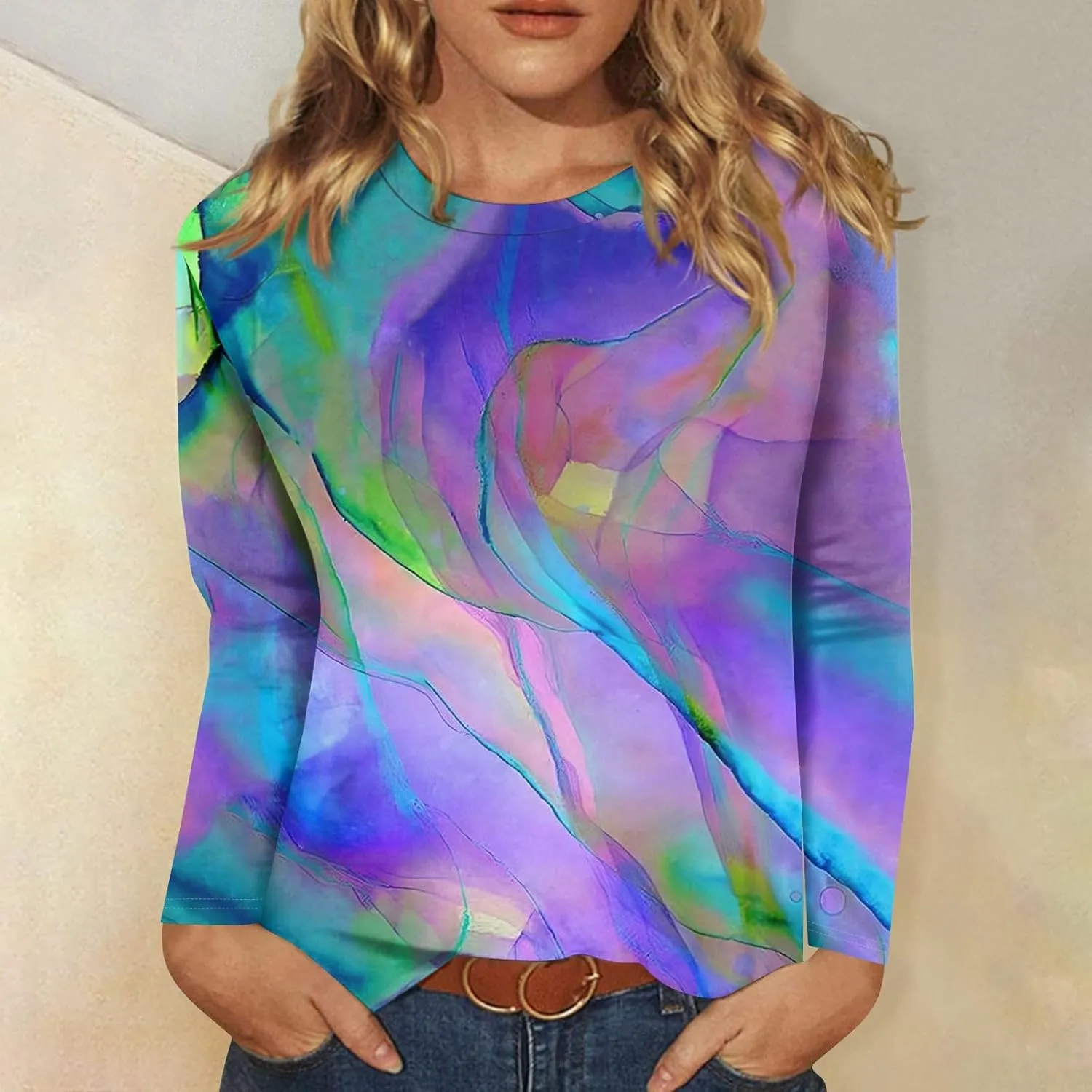 Long Sleeve Tops for Women Crewneck Cute Shirts Casual Trendy Floral Print T-Shirts 2024 Blouses