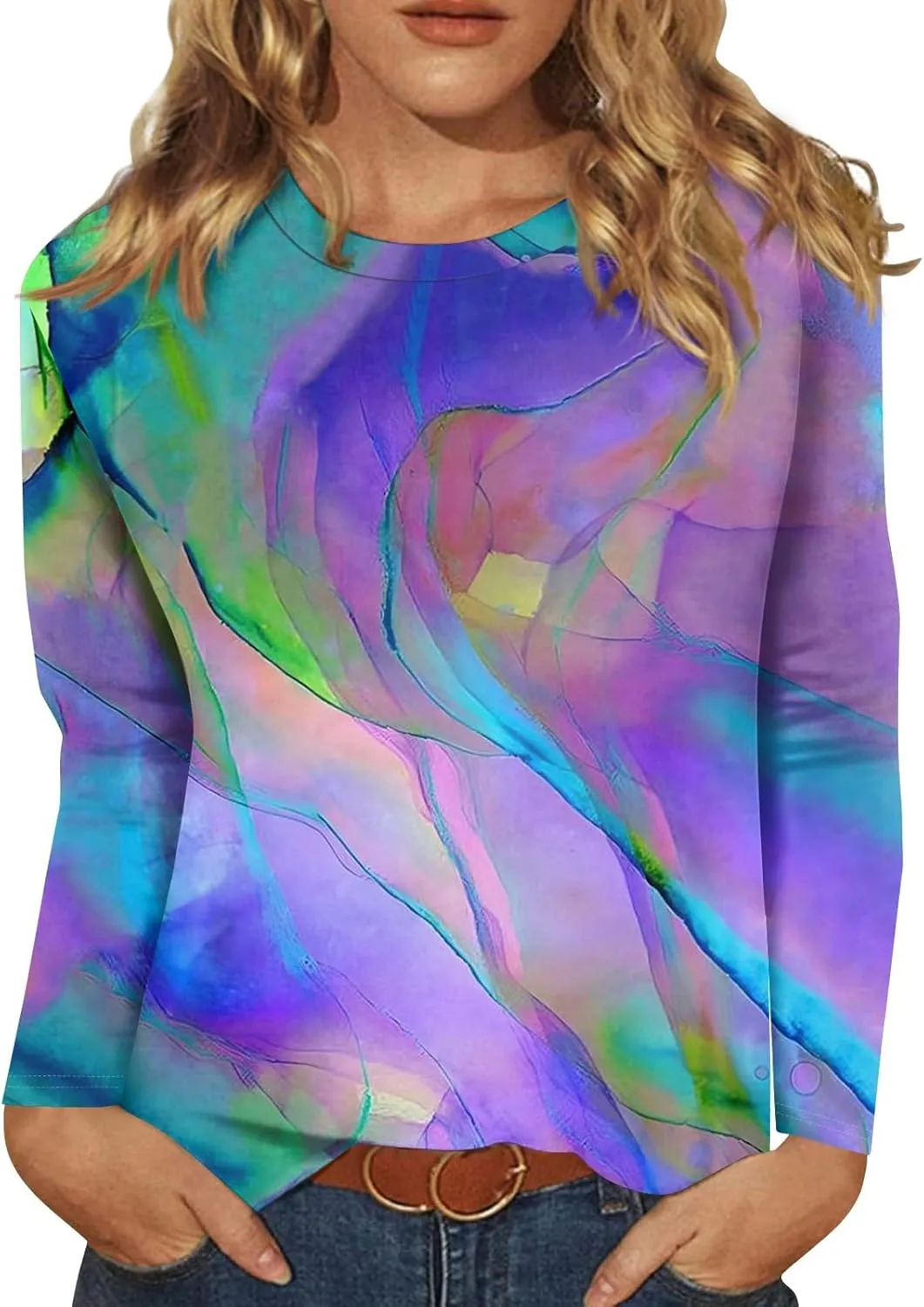 Long Sleeve Tops for Women Crewneck Cute Shirts Casual Trendy Floral Print T-Shirts 2024 Blouses
