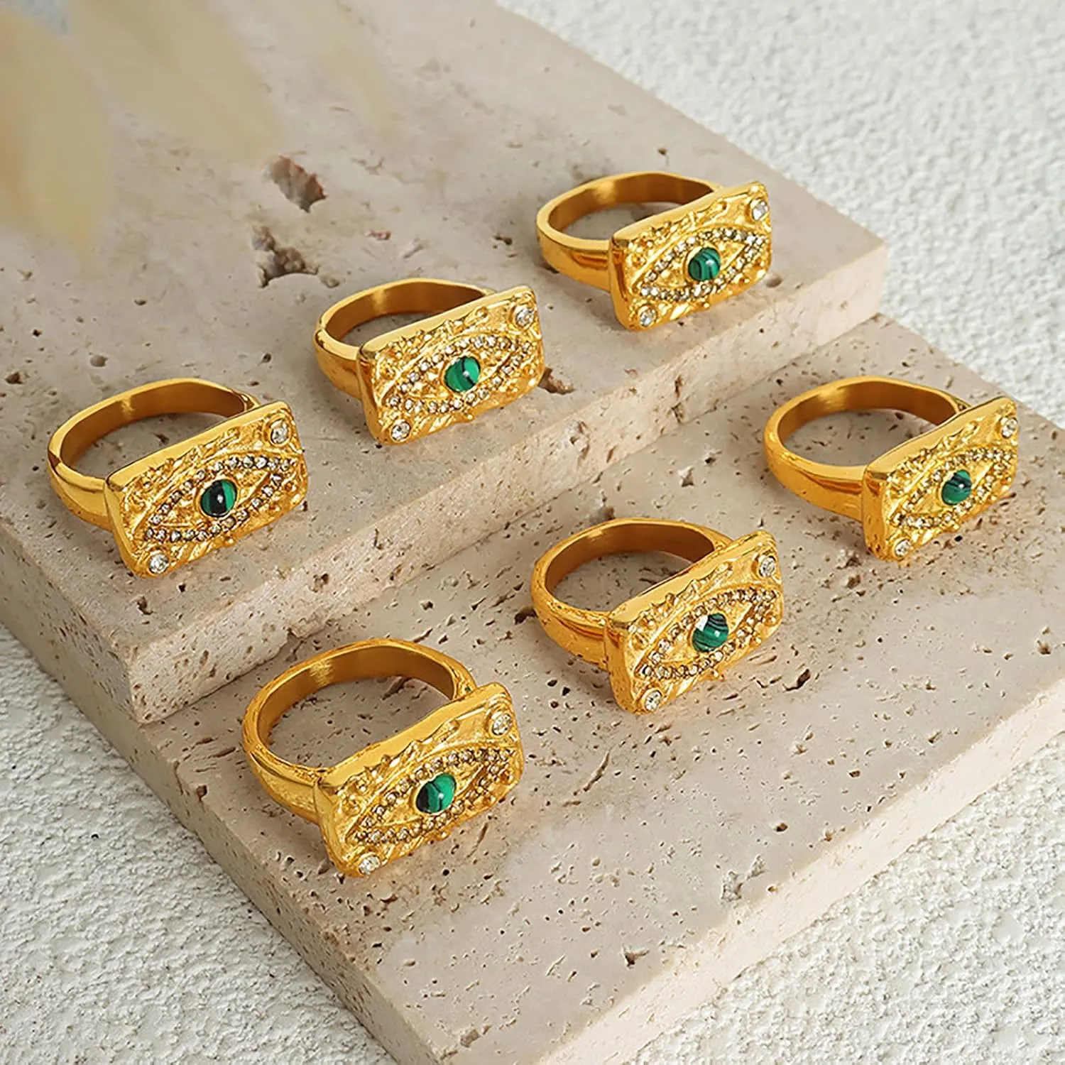 Loqimu Evil Eye Statement Rings Rectangle Chunky Stackable Midi Rings for Women Teen Girls Gold Stainless Steel Cubic Zirconia Rings Index Pinky Rings Aesthetic Finger Jewelry