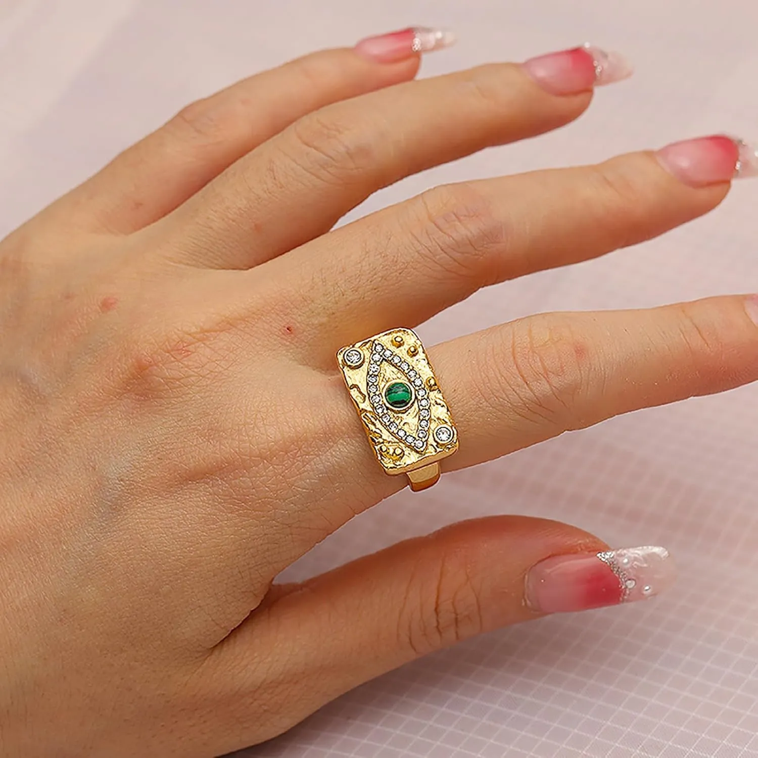 Loqimu Evil Eye Statement Rings Rectangle Chunky Stackable Midi Rings for Women Teen Girls Gold Stainless Steel Cubic Zirconia Rings Index Pinky Rings Aesthetic Finger Jewelry