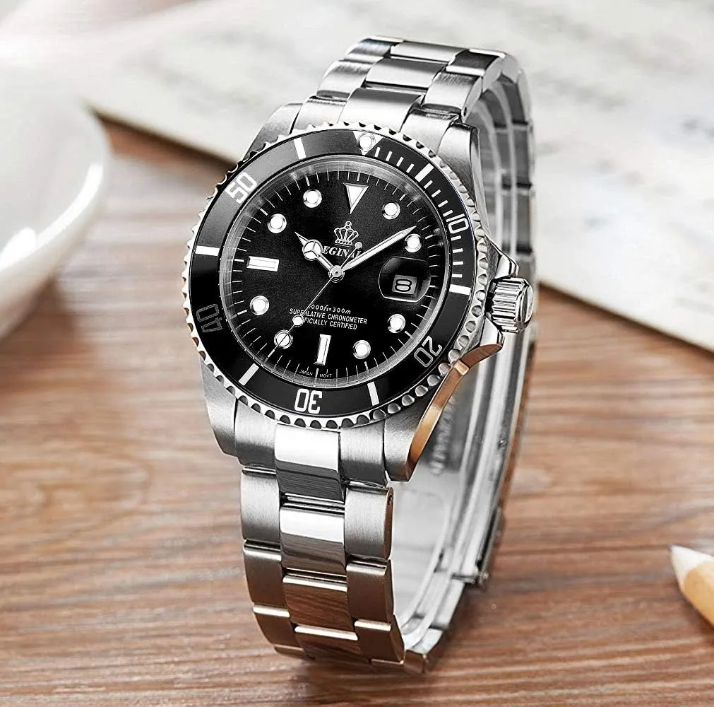 LOREO Classic Quartz Watches for Men Luminous Stainless Steel Band Rotating Bezel Sapphire Glass Diving Waterproof Wrist Watch Japan Movement Sports Military Outdoor Watch