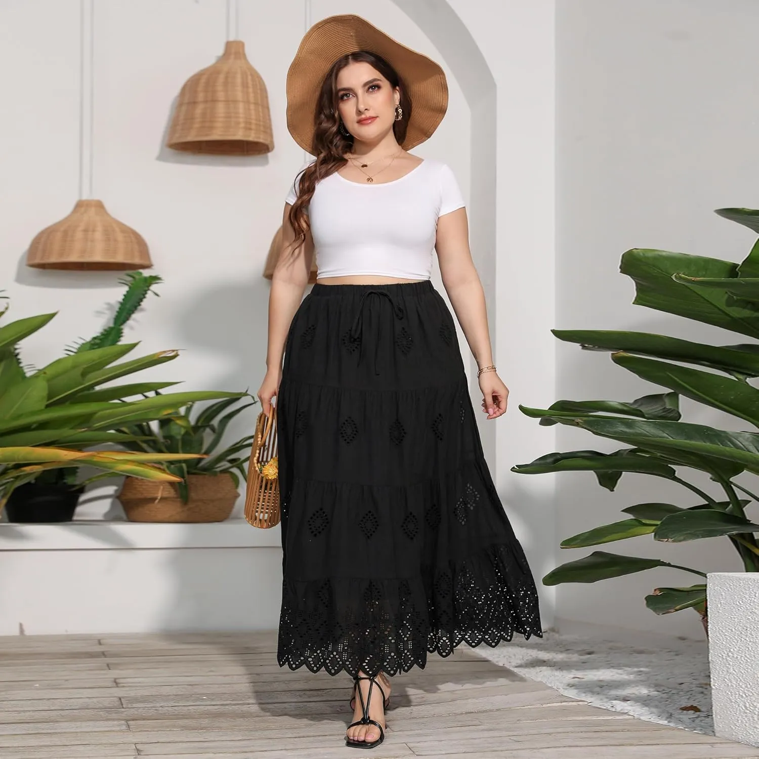 Love Welove Fashion Womens Summer Boho Cotton Embroidered Tiered Maxi Skirt Elastic High Waist A-Line Long Beach Dress
