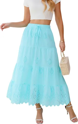 Love Welove Fashion Womens Summer Boho Cotton Embroidered Tiered Maxi Skirt Elastic High Waist A-Line Long Beach Dress