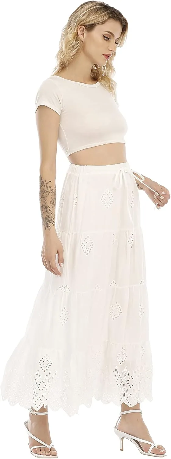 Love Welove Fashion Womens Summer Boho Cotton Embroidered Tiered Maxi Skirt Elastic High Waist A-Line Long Beach Dress
