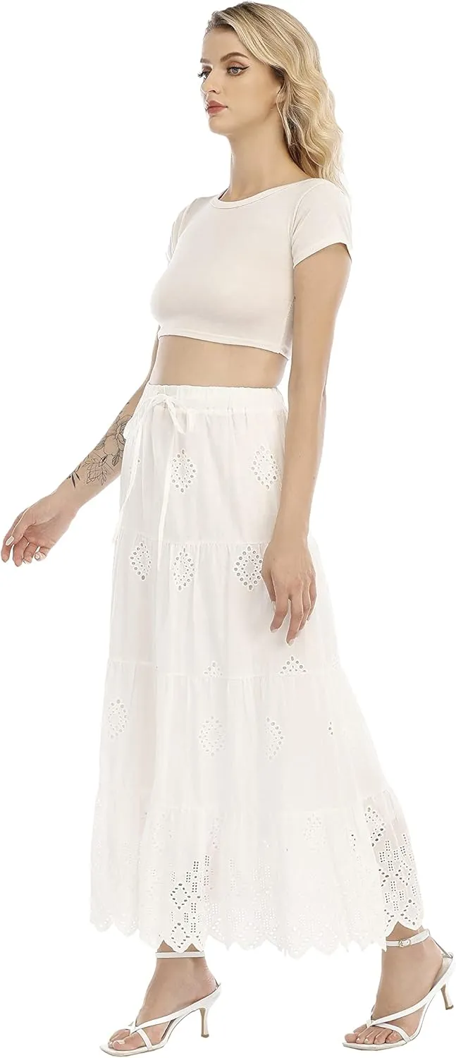 Love Welove Fashion Womens Summer Boho Cotton Embroidered Tiered Maxi Skirt Elastic High Waist A-Line Long Beach Dress