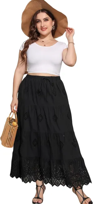 Love Welove Fashion Womens Summer Boho Cotton Embroidered Tiered Maxi Skirt Elastic High Waist A-Line Long Beach Dress