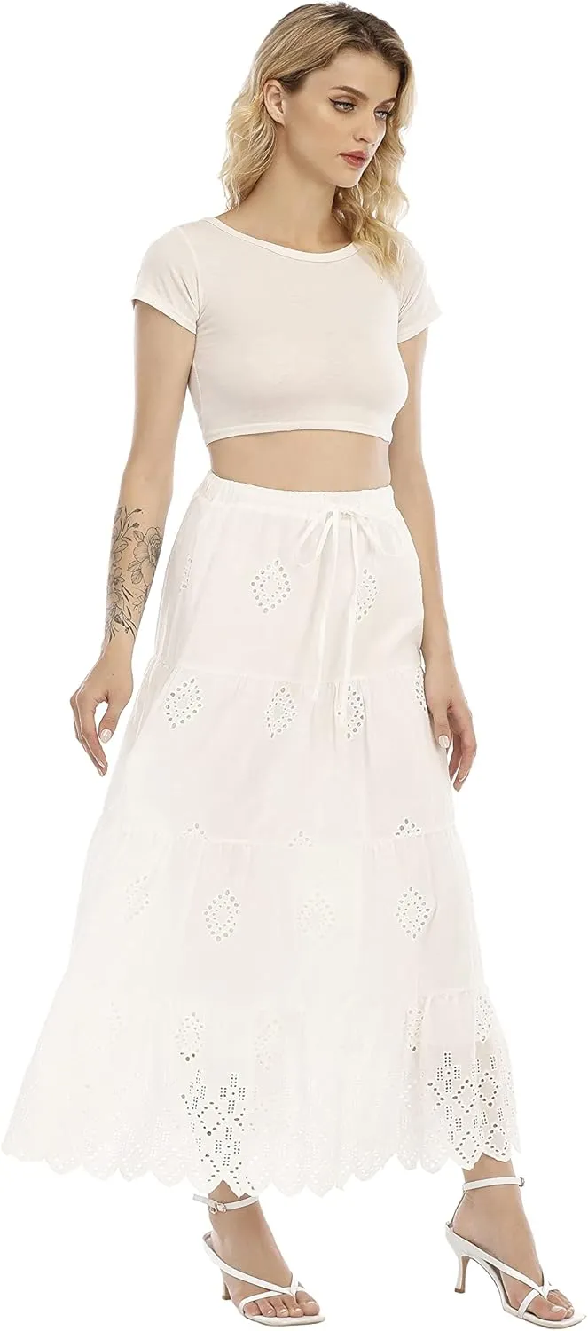 Love Welove Fashion Womens Summer Boho Cotton Embroidered Tiered Maxi Skirt Elastic High Waist A-Line Long Beach Dress