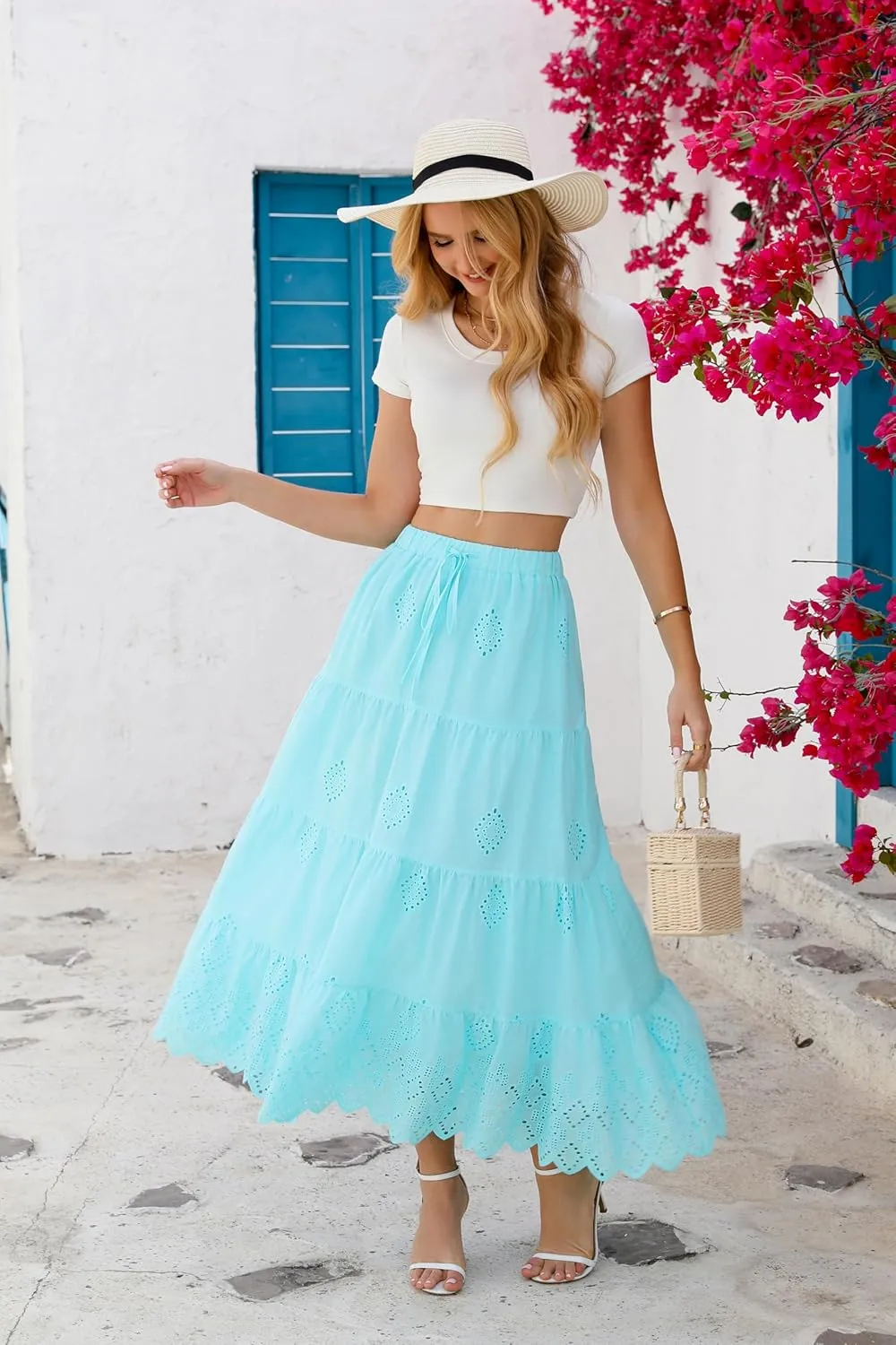 Love Welove Fashion Womens Summer Boho Cotton Embroidered Tiered Maxi Skirt Elastic High Waist A-Line Long Beach Dress