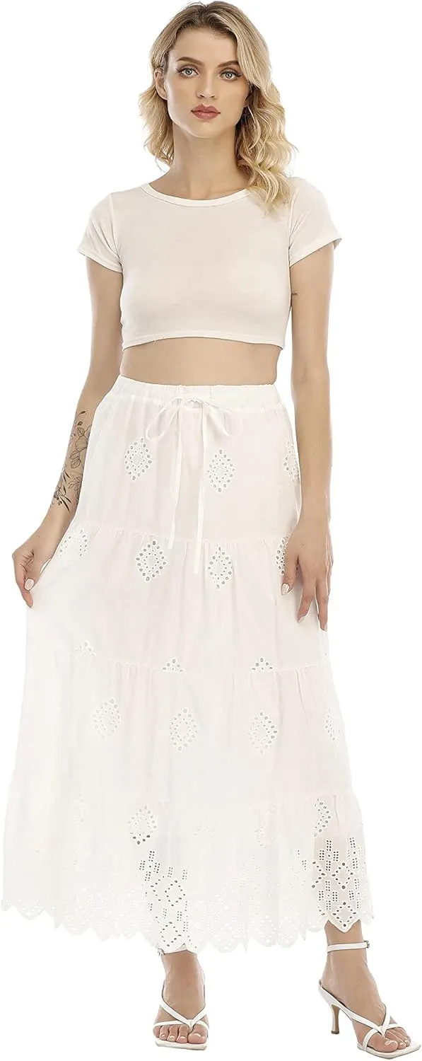 Love Welove Fashion Womens Summer Boho Cotton Embroidered Tiered Maxi Skirt Elastic High Waist A-Line Long Beach Dress