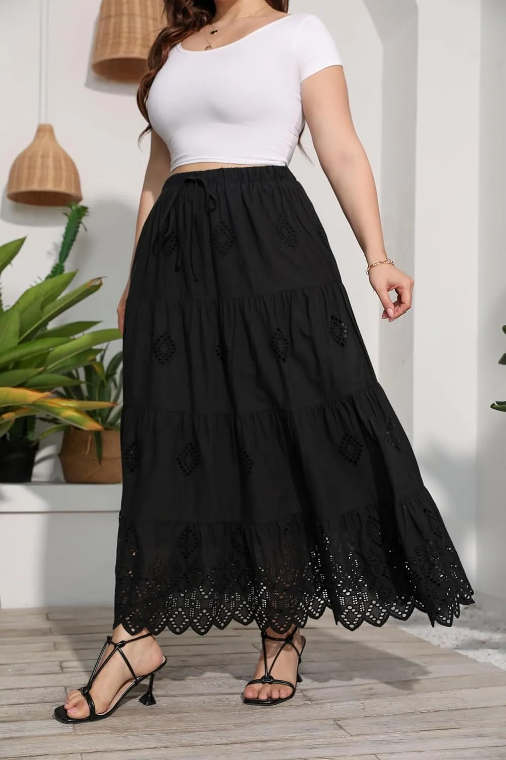 Love Welove Fashion Womens Summer Boho Cotton Embroidered Tiered Maxi Skirt Elastic High Waist A-Line Long Beach Dress
