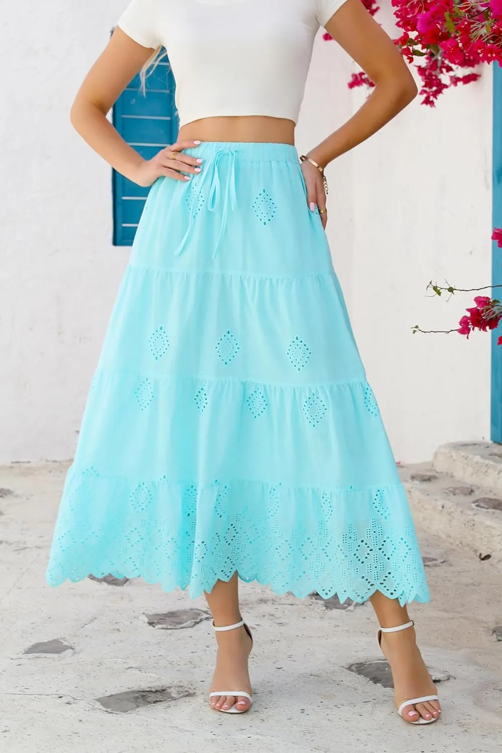 Love Welove Fashion Womens Summer Boho Cotton Embroidered Tiered Maxi Skirt Elastic High Waist A-Line Long Beach Dress