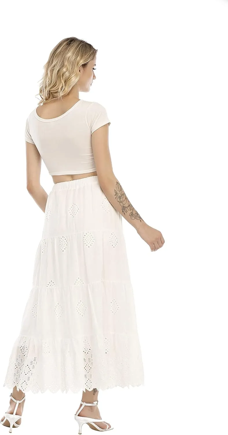 Love Welove Fashion Womens Summer Boho Cotton Embroidered Tiered Maxi Skirt Elastic High Waist A-Line Long Beach Dress