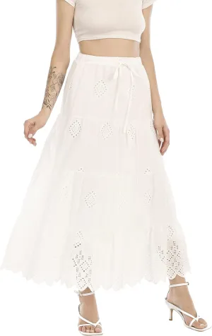 Love Welove Fashion Womens Summer Boho Cotton Embroidered Tiered Maxi Skirt Elastic High Waist A-Line Long Beach Dress