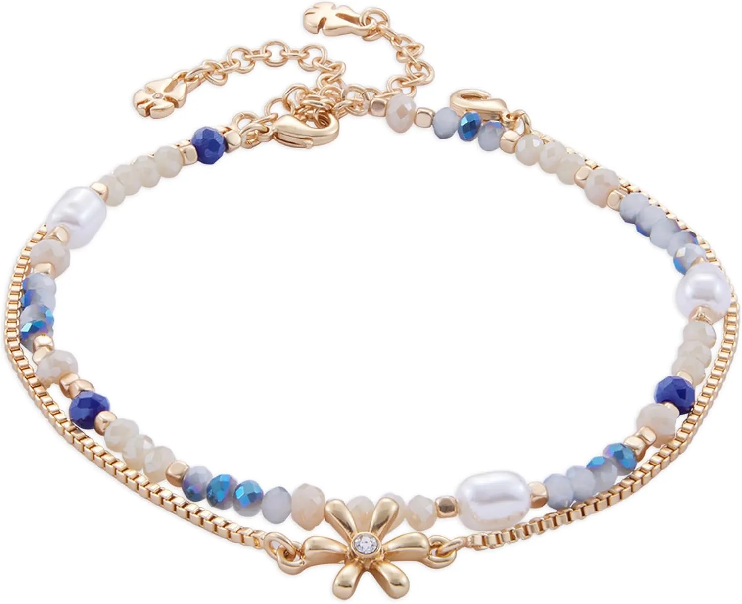 Lucky Brand Women's Beaded And Flower Chain Anklet Set, Gold, Unsized