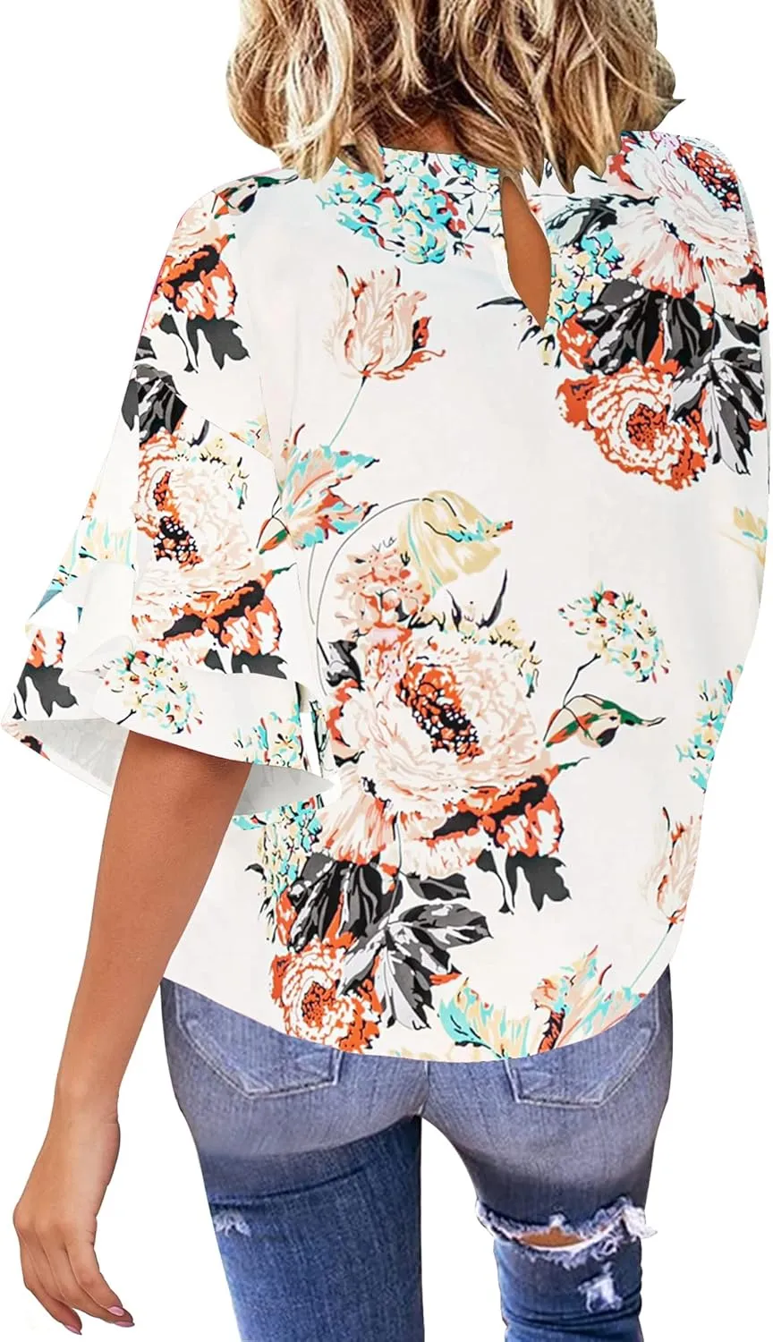 luvamia Women's Casual 3/4 Tiered Bell Sleeve Crewneck Loose Tops Blouses Shirt