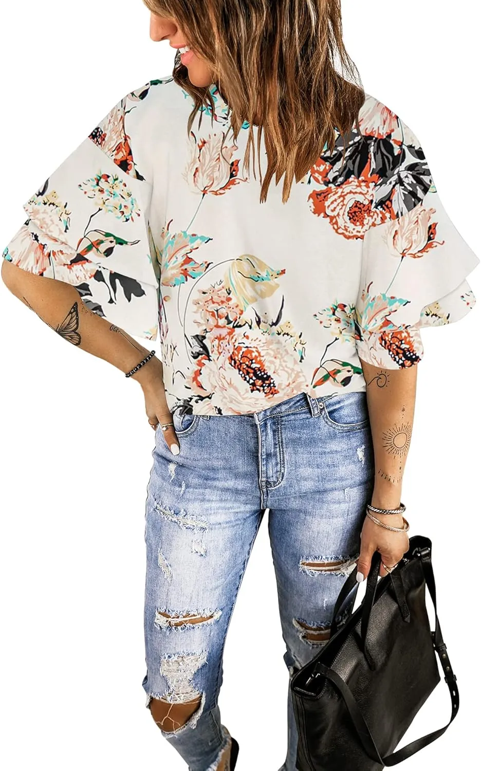luvamia Women's Casual 3/4 Tiered Bell Sleeve Crewneck Loose Tops Blouses Shirt