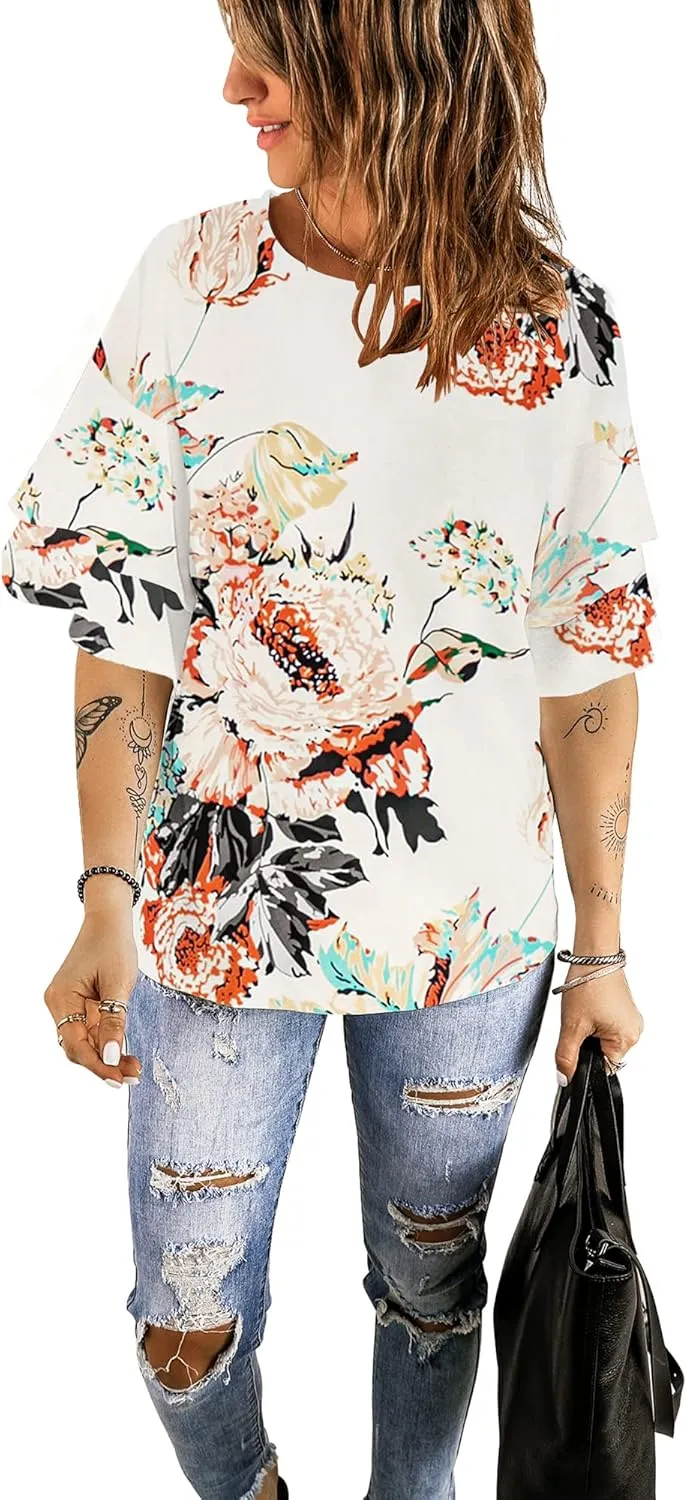 luvamia Women's Casual 3/4 Tiered Bell Sleeve Crewneck Loose Tops Blouses Shirt