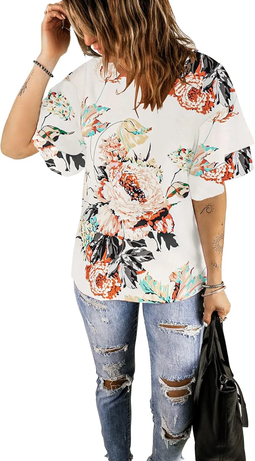 luvamia Women's Casual 3/4 Tiered Bell Sleeve Crewneck Loose Tops Blouses Shirt