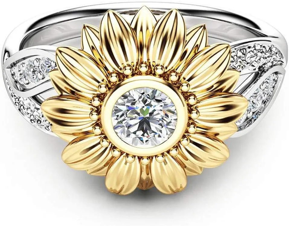 Luxury and Shining Exquisite Women's Two Tone Silver Floral Ring Round Diamond Gold Sunflower Jewel