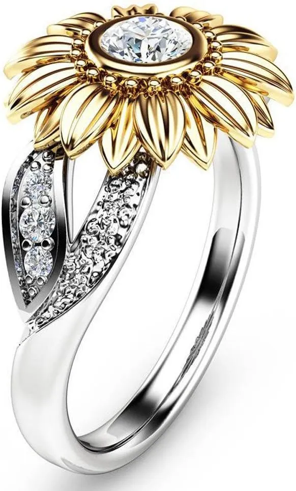 Luxury and Shining Exquisite Women's Two Tone Silver Floral Ring Round Diamond Gold Sunflower Jewel