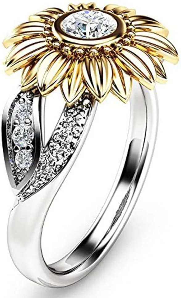 Luxury and Shining Exquisite Women's Two Tone Silver Floral Ring Round Diamond Gold Sunflower Jewel