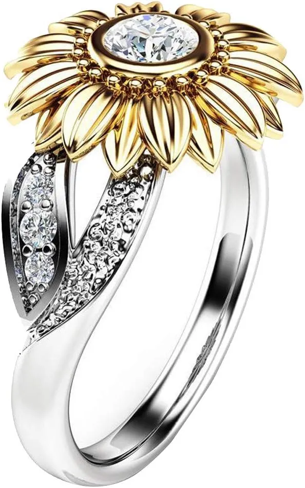 Luxury and Shining Exquisite Women's Two Tone Silver Floral Ring Round Diamond Gold Sunflower Jewel