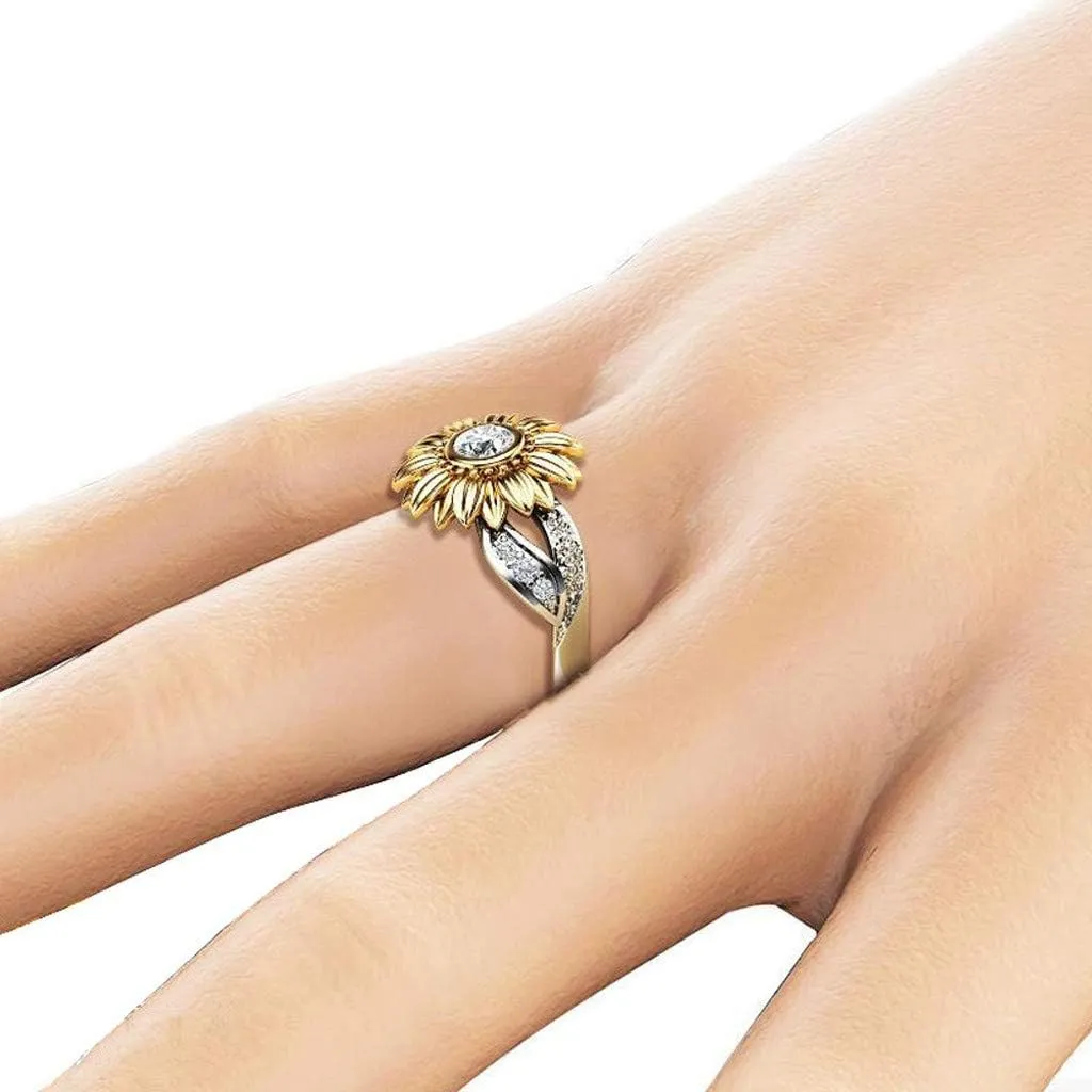 Luxury and Shining Exquisite Women's Two Tone Silver Floral Ring Round Diamond Gold Sunflower Jewel