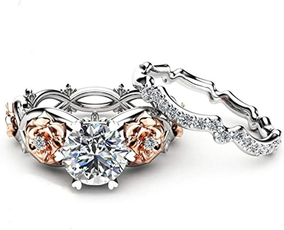 Luxury and Shining New Women Silver & Rose Gold Filed White Wedding Engagement Floral Ring Set