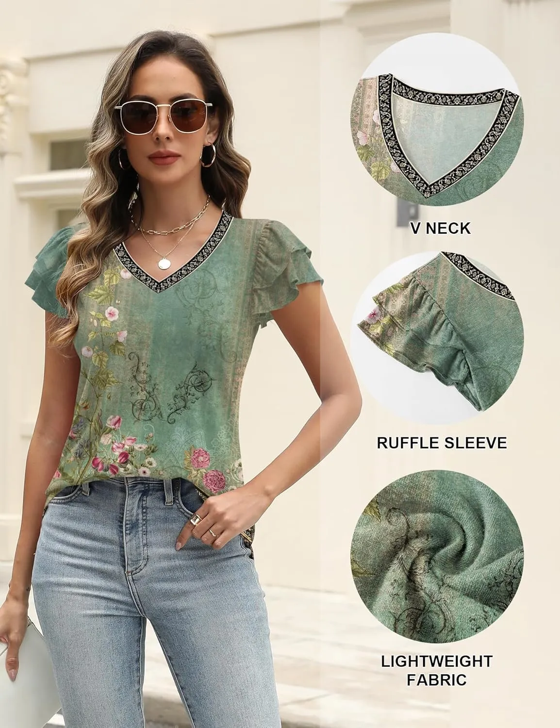 LUYAA Women's Ruffle Short Sleeve Tunic Tops V Neck Knit Ribbed T Shirts Blouses