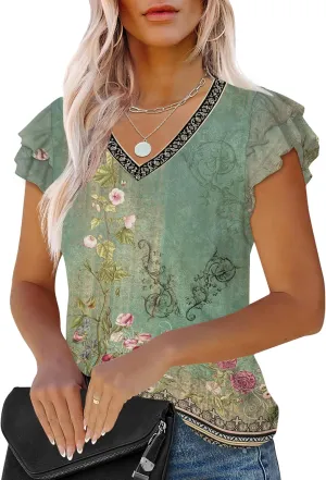 LUYAA Women's Ruffle Short Sleeve Tunic Tops V Neck Knit Ribbed T Shirts Blouses