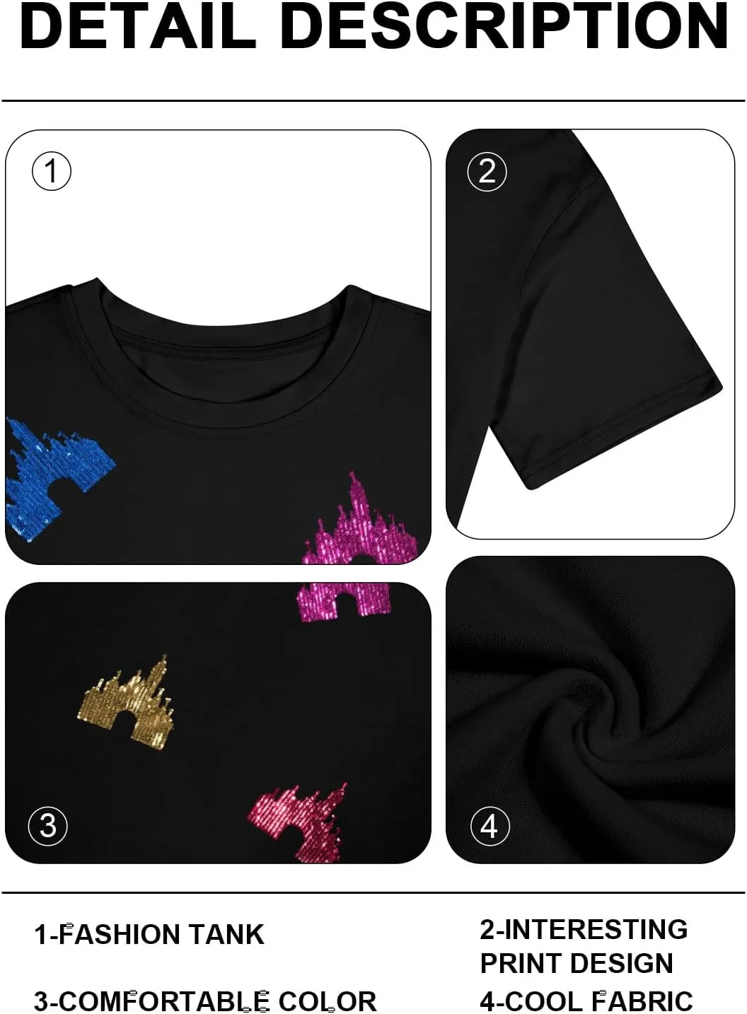 Magic Kingdom Shirts for Women Sequin Top Colorful Castle Graphic Tshirt Holiday Vacation Shirt Funny Cute Tee Tops