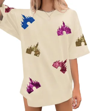 Magic Kingdom Shirts for Women Sequin Top Colorful Castle Graphic Tshirt Holiday Vacation Shirt Funny Cute Tee Tops