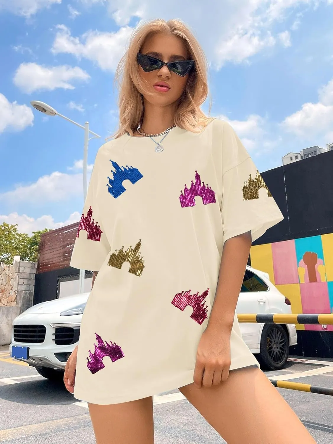 Magic Kingdom Shirts for Women Sequin Top Colorful Castle Graphic Tshirt Holiday Vacation Shirt Funny Cute Tee Tops