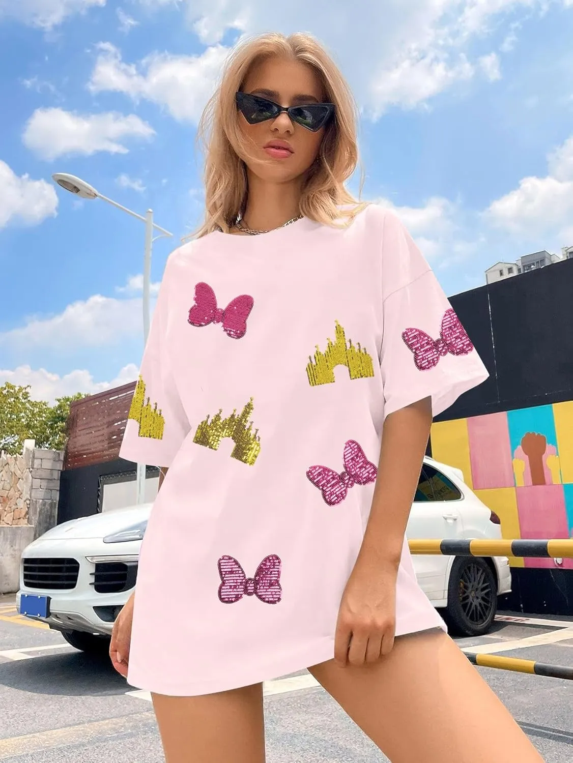 Magic Kingdom Shirts for Women Sequin Top Colorful Castle Graphic Tshirt Holiday Vacation Shirt Funny Cute Tee Tops