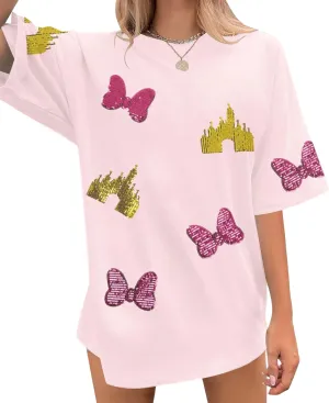 Magic Kingdom Shirts for Women Sequin Top Colorful Castle Graphic Tshirt Holiday Vacation Shirt Funny Cute Tee Tops