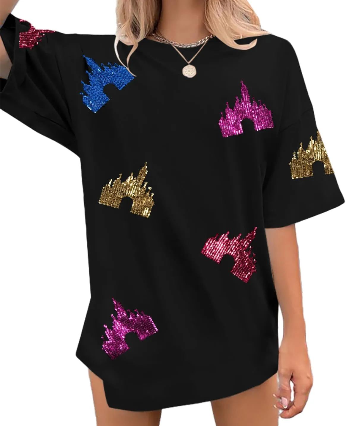 Magic Kingdom Shirts for Women Sequin Top Colorful Castle Graphic Tshirt Holiday Vacation Shirt Funny Cute Tee Tops