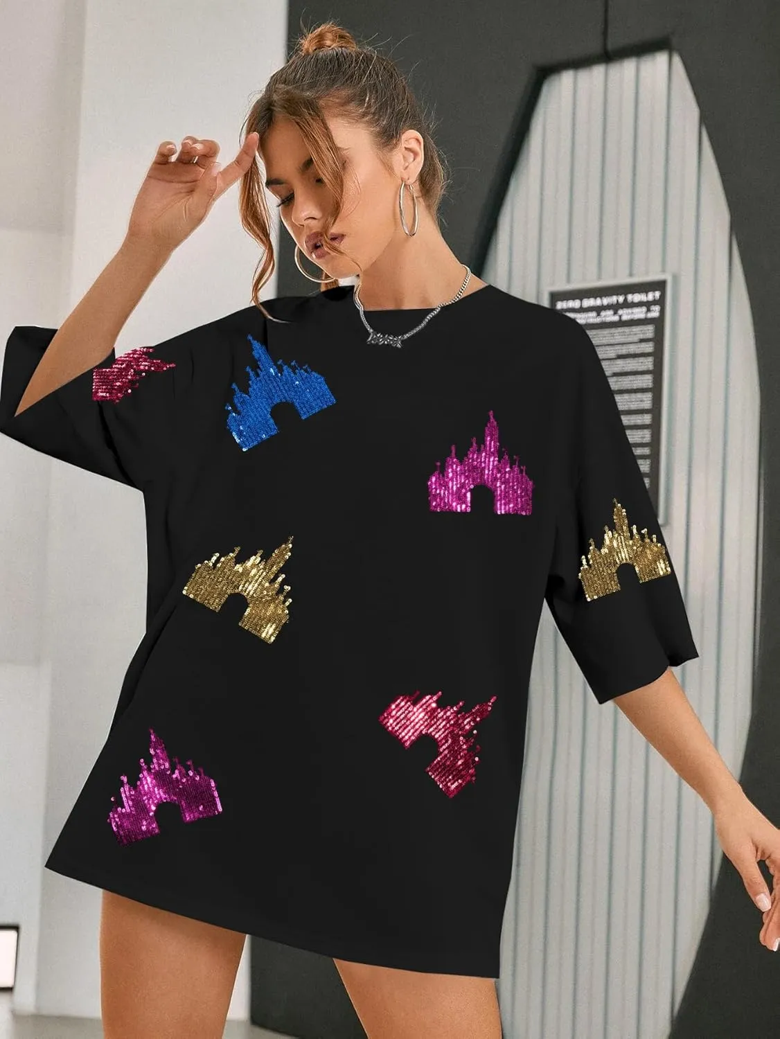 Magic Kingdom Shirts for Women Sequin Top Colorful Castle Graphic Tshirt Holiday Vacation Shirt Funny Cute Tee Tops