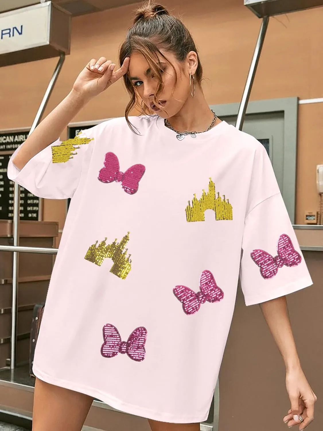 Magic Kingdom Shirts for Women Sequin Top Colorful Castle Graphic Tshirt Holiday Vacation Shirt Funny Cute Tee Tops