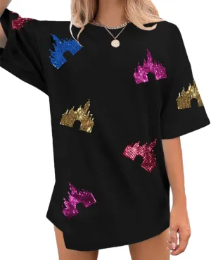 Magic Kingdom Shirts for Women Sequin Top Colorful Castle Graphic Tshirt Holiday Vacation Shirt Funny Cute Tee Tops