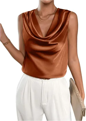 MakeMeChic Women's Satin Silk Tank Tops Cowl Neck Sleeveless Camisole Tops Dressy Shirts